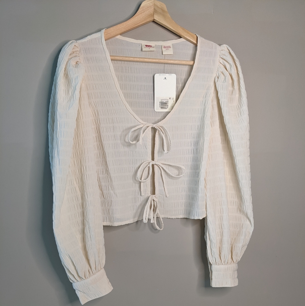 Levi's Cream Colored Tie Front Puff Sleeve Top
